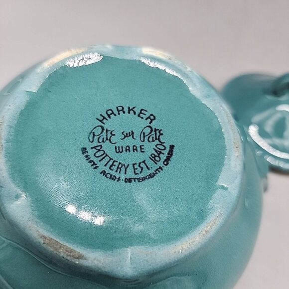 Vintage Harker Pate Sur Pate Corinthian Teal Sugar Bowl With Lid - Picture 3 of 4